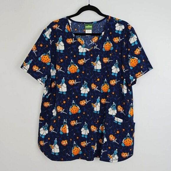 Sesame Street Cookie Monster Doctor Cookies V-Neck Print Scrub Top Size XXL - Picture 1 of 13